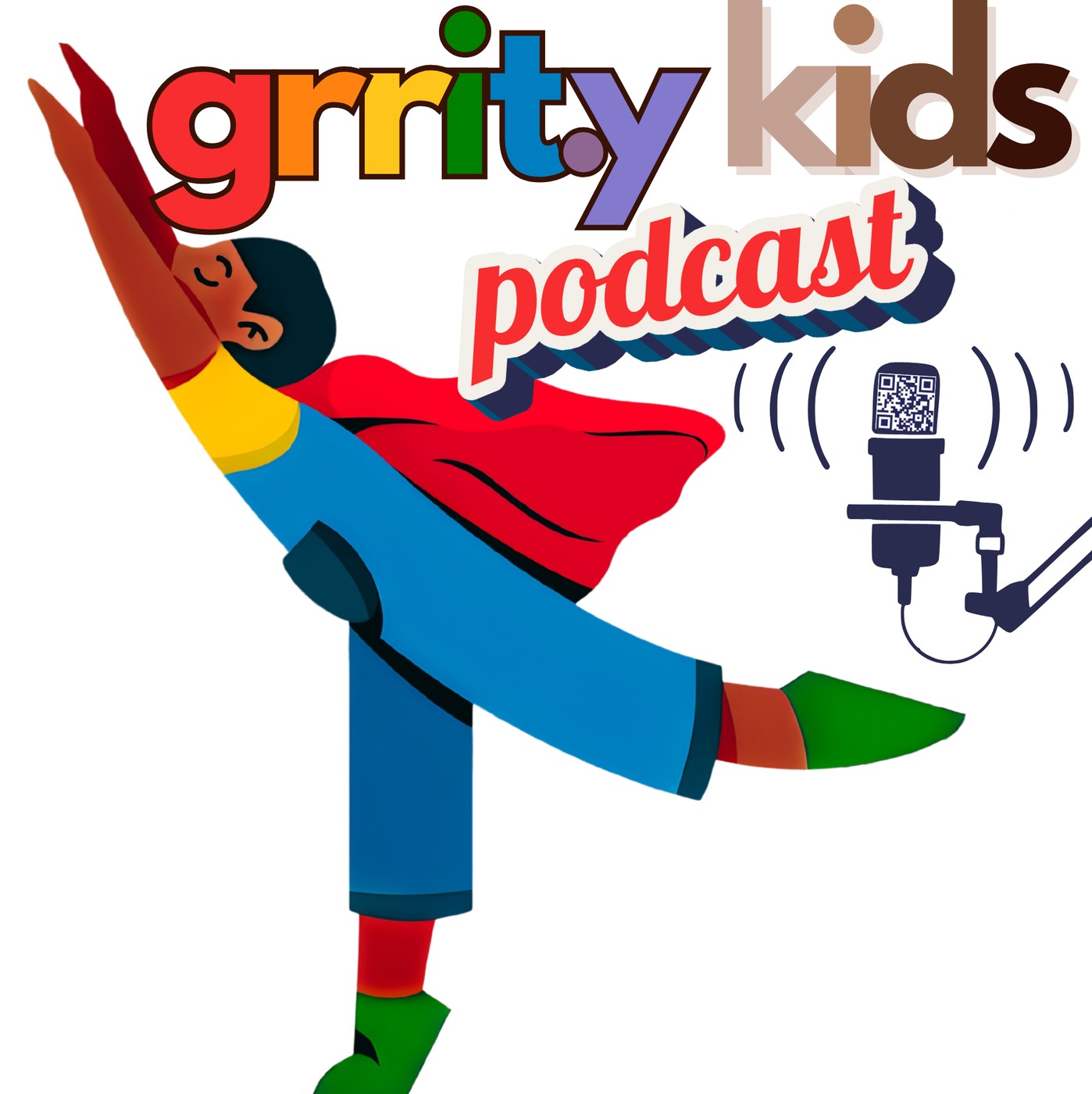 grrit.y kids podcast — a kid superhero flying toward a microphone