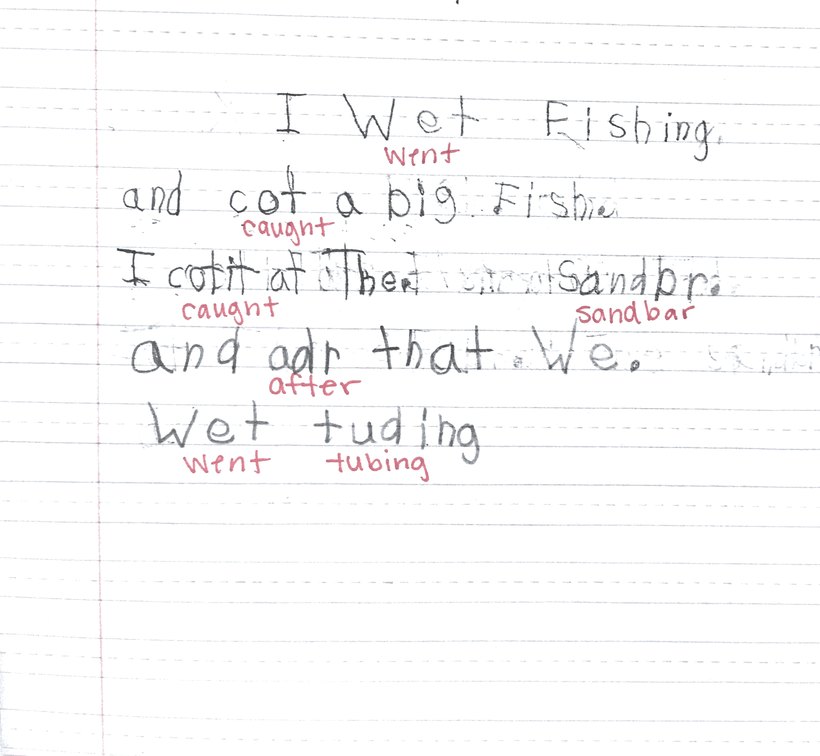 Student one at the start of the year: printed words with gentle corrections