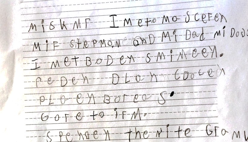 Student two in September: strings of letters, transcribed by her teacher