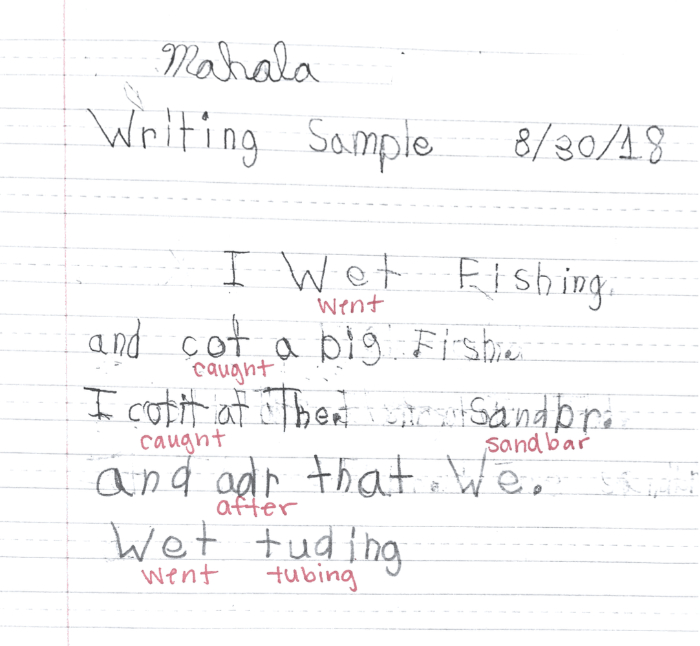 A student's handwriting sample with gentle corrections, showing one year of growth